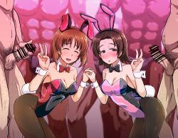 2girls 5boys blush breasts brown_eyes brown_hair censored closed_eyes clothed_female_nude_male girls_und_panzer hetero highres holding_hands kabutowari large_breasts leotard multiple_boys multiple_girls nishizumi_miho nude pantyhose penis playboy_bunny pubic_hair rabbit_ears sawa_azusa sweat v