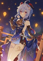 Rule 34 | 1girl, ahoge, bare shoulders, bell, black gloves, blue hair, breasts, brown dress, brown sleeves, closed mouth, commentary request, detached sleeves, dress, feet out of frame, fence, flower, ganyu (genshin impact), ganyu (twilight blossom) (genshin impact), genshin impact, gloves, hair between eyes, hair flower, hair ornament, hand up, highres, holding, holding flower, horns, long hair, long sleeves, medium breasts, neck bell, night, night sky, outdoors, red eyes, sidelocks, sky, sleeveless, sleeveless dress, smile, solo, taiyaki (astre), white flower