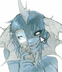 Rule 34 | 1girl, artist name, black sclera, blue hair, blue skin, breasts, cellphone, claws, colored sclera, colored skin, creatures (company), cursor, fangs, fins, flip phone, furry, furry female, game freak, gen 1 pokemon, hand up, head fins, highres, holding, holding phone, lip piercing, looking at viewer, medium breasts, medium hair, nintendo, open mouth, phone, piercing, pokemon, simple background, solo, upper body, v3ss33l, vaporeon, white background, white eyes