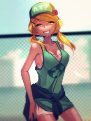 Rule 34 | 1girl, at2., blonde hair, breasts, cleavage, clothes around waist, dark skin, dark-skinned female, fence, grin, hair ornament, hairclip, hat, highres, minecraft, sleeveless, smile, solo, tan, twintails, yellow eyes
