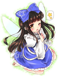 Rule 34 | 1girl, ;d, arm support, bare legs, barefoot, blue bow, blue dress, blunt bangs, blush, bow, brown eyes, brown hair, commentary request, dress, fairy wings, floating hair, frilled shirt collar, frills, from above, hair bow, highres, index finger raised, juliet sleeves, long hair, long sleeves, looking at viewer, one eye closed, open mouth, puffy sleeves, ramudia (lamyun), sidelocks, simple background, smile, solo, spoken star, star (symbol), star sapphire, touhou, upturned eyes, very long hair, white background, wide sleeves, wings