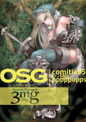 Rule 34 | 1girl, armor, bare shoulders, breasts, female focus, forest, gauntlets, greaves, green eyes, hood, large breasts, long hair, nature, original, plant, pointy ears, solo, sword, totoya yuu, weapon, white hair