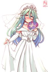 Rule 34 | 1girl, alternate costume, artist logo, bare shoulders, blush, bouquet, breasts, bridal gauntlets, bridal veil, bride, collarbone, cowboy shot, dated, dress, elbow gloves, flower, frills, gloves, green eyes, green hair, hair between eyes, hair flaps, hair flower, hair ornament, highres, hydrangea, jewelry, kanon (kurogane knights), kantai collection, long hair, looking at viewer, medium breasts, necklace, signature, simple background, solo, strapless, strapless dress, tiara, veil, wedding dress, white background, white dress, white gloves, yamakaze (kancolle)