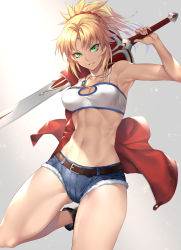 Rule 34 | 1girl, arm up, armpits, bandeau, bare arms, bare shoulders, belt, black footwear, blonde hair, boots, breasts, clarent (fate), cleavage, cleavage cutout, clothing cutout, collarbone, commentary, cowboy shot, cutoffs, fate/grand order, fate (series), gluteal fold, green eyes, grey background, grin, hair ornament, hair scrunchie, has bad revision, has downscaled revision, head tilt, highres, holding, holding sword, holding weapon, jewelry, long hair, looking at viewer, md5 mismatch, medium breasts, micro shorts, midriff, mordred (fate), mordred (fate/apocrypha), mordred (memories at trifas) (fate), nasaniliu, navel, necklace, over shoulder, parted lips, ponytail, red scrunchie, resolution mismatch, scrunchie, shorts, sidelocks, smile, solo, source smaller, spaghetti strap, stomach, sword, thighs, weapon, weapon over shoulder