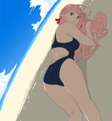 Rule 34 | 10s, 1girl, akashi (kancolle), ass, back cutout, beach, blue one-piece swimsuit, clothing cutout, day, from behind, green eyes, hair ribbon, kantai collection, long hair, looking at viewer, looking back, ocean, ojipon, one-piece swimsuit, outdoors, pink hair, ribbon, sand, solo, swimsuit, tress ribbon, twintails