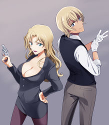 Rule 34 | 1boy, 1girl, absurdres, amuro tooru, aqua eyes, bad id, bad pixiv id, blonde hair, blue eyes, breasts, cleavage, collarbone, formal, gloves, gun, hand on own hip, handgun, highres, holding, holding weapon, large breasts, lipstick, long hair, looking at viewer, makeup, meitantei conan, pantyhose, parted lips, pencil skirt, revolver, shirt, short hair, simple background, skirt, skirt suit, smile, suit, taccomm, vermouth (meitantei conan), vest, wavy hair, weapon, white shirt