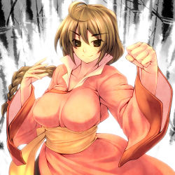 Rule 34 | 1girl, ahoge, braid, breasts, brown hair, chinese clothes, clenched hand, kuugo lei, large breasts, lei kuugo, live a live, long hair, ponytail, scar, smile, solo, tro