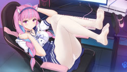 Rule 34 | ahoge, animal ear fluff, animal ears, arm behind head, arm up, blue choker, blue hair, blue hairband, blue ribbon, blue sailor collar, blue skirt, blunt bangs, blush, braid, breasts, cat ears, chair, choker, closed mouth, commentary, feet, frilled sailor collar, frills, gaming chair, hair tie, hairband, hand up, high-waist skirt, highres, hololive, indoors, keyboard (computer), large breasts, legs up, long hair, looking at viewer, microphone, minato aqua, minato aqua (sailor), monitor, multicolored hair, no shoes, on chair, panties, panties under pantyhose, pantyhose, pink hair, pleated skirt, purple eyes, ribbon, ribbon choker, sailor collar, shirt, short sleeves, skirt, smile, solo, speaker, swivel chair, terry (pixiv3274443), twin braids, twintails, two-tone hair, underwear, virtual youtuber, white panties, white pantyhose, white shirt