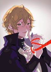 Rule 34 | 1boy, absurdres, blush, brown hair, finger to mouth, gradient background, grey background, hand on own chest, highres, hypnosis mic, japanese clothes, male focus, parted lips, protected link, red rope, rope, simple background, solo, tsubasa (artist), upper body, wavy hair, yumeno gentaro