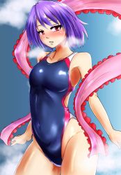 Rule 34 | 1girl, black one-piece swimsuit, blue background, breath, competition swimsuit, cowboy shot, d-m (dii emu), fog, gradient background, highleg, highleg swimsuit, highres, looking at viewer, nagae iku, one-piece swimsuit, purple hair, red eyes, shawl, short hair, solo, swimsuit, touhou