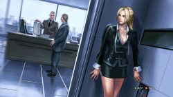 Rule 34 | 1girl, 2boys, blonde hair, blue eyes, breasts, cleavage, large breasts, multiple boys, namco, nina williams, office, office lady, official art, ponytail, tekken, tekken 2, tekken 3, tekken 4, tekken 5 (dark resurrection), tekken tag tournament