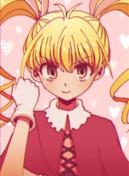 Rule 34 | 1girl, amsik hunter, biscuit krueger, blonde hair, brown eyes, capelet, cross-laced clothes, cross-laced top, dress, drill hair, drill ponytail, gloves, heart, hunter x hunter, long hair, looking at viewer, red capelet, red dress, smile, solo, twintails, upper body, white gloves