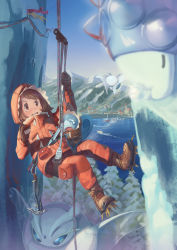 Rule 34 | 1girl, absurdres, beamcon, blurry, blush, boat, boots, brown eyes, brown footwear, brown gloves, brown hair, building, commentary, creatures (company), day, expedition uniform, eyelashes, frosmoth, fur-trimmed jacket, fur trim, game freak, gen 8 pokemon, gloria (pokemon), gloves, harness, harnessed, highres, holding, hood, hood up, hooded jacket, ice, jacket, long sleeves, mountain, mountain climbing, nintendo, orange jacket, orange pants, outdoors, pants, pokemon, pokemon (creature), pokemon swsh, rappelling, rope, sky, snom, sobble, spiked boots, teeth, tree, upper teeth only, water, watercraft