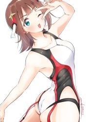 Rule 34 | absurdres, akane (getwild23), amami haruka, armpits, ass, blush, bodysuit, breasts, brown hair, collarbone, commentary request, frills, gathers, green eyes, hair ornament, hair ribbon, highres, idolmaster, idolmaster (classic), looking at viewer, looking back, medium breasts, one eye closed, open mouth, ribbon, short hair, signature, solo, v, v-shaped eyebrows, white background, zipper