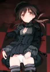 Rule 34 | 1girl, alternate costume, breasts, brown eyes, brown hair, checkered floor, cleavage, cleavage cutout, clothing cutout, floor, gertrud barkhorn, goth fashion, gothic lolita, lolita fashion, lying, on back, panties, shimada fumikane, sketch, small breasts, solo, strike witches, thighhighs, twintails, underwear, white panties, world witches series, aged down