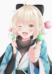 Rule 34 | 1girl, ;d, absurdres, arm guards, black bow, black scarf, blonde hair, blush, bow, commentary request, dango, fate/grand order, fate (series), food, hair bow, haori, highres, holding, holding food, japanese clothes, kimono, koha-ace, looking at viewer, looking back, okita souji (fate), okita souji (koha-ace), one eye closed, open clothes, open mouth, pov, scarf, short hair, smile, solo, upper body, wagashi, white kimono, wide sleeves, yashima roi, yellow eyes