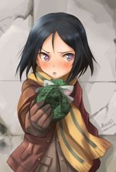 Rule 34 | 10s, 1girl, artist name, black hair, blue eyes, blush, brave witches, brown coat, brown gloves, coat, gift, gloves, haruhata mutsuki, holding, holding gift, kanno naoe, looking at viewer, military, open mouth, scarf, short hair, signature, solo, standing, twitter username, uniform, upper body, valentine, world witches series