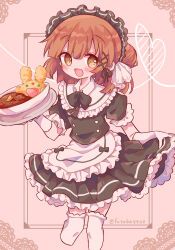 Rule 34 | 1girl, absurdres, arle nadja, brown hair, carbuncle (puyopuyo), curry, curry rice, food, futaba969649, heart, highres, holding, looking at viewer, maid, maid headdress, open mouth, plate, ponytail, puyopuyo, rice, skirt, smile, solo, yellow eyes