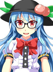 Rule 34 | &gt;:d, 1girl, :d, absurdres, bespectacled, black-framed eyewear, blue hair, blush, bow, bowtie, breasts, dress, e.o., food, food on head, fruit, fruit on head, glasses, hat, highres, hinanawi tenshi, long hair, looking at viewer, object on head, open mouth, peach, red eyes, smile, smug, solo, touhou, upper body, v-shaped eyebrows, very long hair