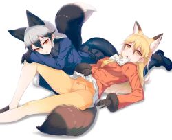 Rule 34 | 10s, 2girls, 40hara, animal ears, black gloves, black pantyhose, blazer, blonde hair, boots, bow, bow panties, bowtie, breasts, clothes lift, ezo red fox (kemono friends), fox ears, fox tail, fur trim, gloves, hair between eyes, interrupted, jacket, kemono friends, loafers, looking at viewer, lying, medium breasts, multicolored hair, multiple girls, on back, on side, orange eyes, orange pantyhose, panties, panties under pantyhose, pantyhose, parted lips, shoes, silver fox (kemono friends), silver hair, simple background, skirt, skirt lift, tail, thighband pantyhose, tsurime, two-tone hair, underwear