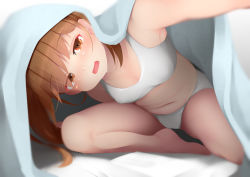Rule 34 | 1girl, bad id, bad pixiv id, bed, bed sheet, blanket, blush, bra, breasts, brown eyes, brown hair, fumizuki (kancolle), half-closed eyes, kantai collection, long hair, looking at viewer, navel, ne an ito, open mouth, panties, sitting, small breasts, solo, training bra, under covers, underwear, underwear only, white bra, white panties