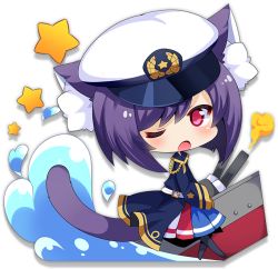 Rule 34 | 1girl, animal ears, antenna (azur lane), azur lane, belt, black hair, black pantyhose, blue skirt, blush, cat ears, cat tail, chibi, long sleeves, looking at viewer, meowfficer (azur lane), multicolored clothes, multicolored skirt, muuran, official art, one eye closed, open mouth, pantyhose, pink eyes, red skirt, skirt, solo, star (symbol), tail, transparent background, white headwear