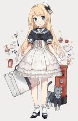 Rule 34 | 1girl, adapted costume, black footwear, blonde hair, blue eyes, blue sailor collar, cat, crown, dress, full body, gem, globus cruciger, gloves, grey background, hat, highres, instrument, jervis (kancolle), kantai collection, long hair, malachite, mary janes, phone booth, sailor collar, sailor dress, sailor hat, saxophone, shoes, short sleeves, simple background, socks, solo, standing, teapot, white dress, white gloves, white hat, white socks