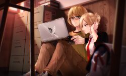 Rule 34 | 1boy, 1girl, alternate costume, annie leonhart, armin arlert, black jacket, blonde hair, blush, breasts, brown pants, character name, closed mouth, collared shirt, commentary request, computer, green shirt, highres, indoors, jacket, jewelry, laptop, lips, looking at another, multiple rings, necktie, pants, parted lips, pink lips, pocket, profile, red necktie, ring, sayo nara drawing, shingeki no kyojin, shirt, short hair, sweat, twitter username, white shirt