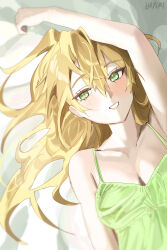 Rule 34 | 1girl, arm up, bare shoulders, bed sheet, blonde hair, blush, breasts, cleavage, collarbone, commentary request, dress, green dress, green eyes, hair between eyes, haruri, highres, hoshii miki, idolmaster, long hair, looking at viewer, lying, on back, signature, small breasts, smile, solo