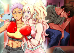 Rule 34 | 1boy, 2girls, abs, assertive female, blonde hair, blue eyes, boxing, boxing gloves, boxing ring, defeat, midriff, multiple girls, muscular, navel, phone, shorts, tagme, tongue, tongue out, twintails, v, yasuda makoto