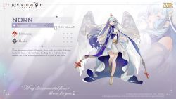 Rule 34 | 1girl, angel wings, artist request, bare shoulders, blue hair, breasts, character name, character profile, company name, copyright name, copyright notice, cross, detached sleeves, dress, framed, gloves, gradient dress, gradient hair, highres, layered dress, long dress, long hair, looking at viewer, medium breasts, multicolored clothes, multicolored dress, multicolored eyes, multicolored hair, norn (revived witch), open mouth, praying, purple eyes, revived witch, shoes, smile, standing, standing on one leg, starry sky print, veil, white dress, wings