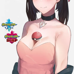 Rule 34 | 1girl, absurdres, bad id, bad pixiv id, between breasts, black hair, blush, breasts, choker, cleavage, close-up, closed mouth, creatures (company), dress, game freak, head out of frame, highres, jacket, marnie (pokemon), nintendo, off shoulder, pink dress, poke ball, poke ball (basic), pokemon, pokemon swsh, rotogaki, short twintails, sleeveless, sleeveless dress, strapless, strapless dress, twintails, upper body, wavy mouth