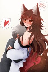Rule 34 | !, 1boy, 1girl, age difference, animal ears, arano oki, bare shoulders, between breasts, blush, breast smother, breasts, brown hair, child, dress, ear blush, frilled sleeves, frills, from side, head between breasts, heart, hetero, highres, imaizumi kagerou, large breasts, long hair, long sleeves, off-shoulder dress, off shoulder, parted lips, red eyes, short hair, silver hair, spoken blush, spoken exclamation mark, spoken heart, sweat, tail, touhou, wavy mouth, wolf ears, wolf girl, wolf tail