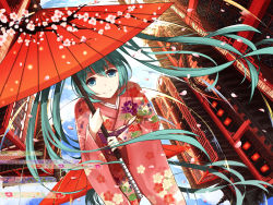 Rule 34 | 1girl, bent over, dutch angle, green eyes, green hair, hatsune miku, highres, holding, japanese clothes, kimono, levi9452, long hair, looking at viewer, matching hair/eyes, oil-paper umbrella, petals, smile, solo, twintails, umbrella, vocaloid, wind