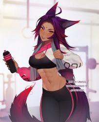 1girl, abs, ahoge, animal ears, black pants, blurry, blurry background, breasts, cleavage, commentary, commission, cropped hoodie, depth of field, edie crop hoodie, english commentary, facial mark, forehead mark, fox ears, fox tail, gradient hair, gradient tail, gym, hand up, head tilt, highres, holding, hood, hoodie, large breasts, lavelis, long sleeves, looking at viewer, meme attire, multicolored hair, navel, orange eyes, original, pants, parted lips, purple hair, signature, smile, smug, solo, sports bra, standing, tail, towel, towel around neck