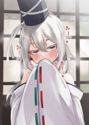 Rule 34 | 1girl, bare shoulders, blurry, blurry background, blush, commentary request, covering own mouth, cum, detached sleeves, eyebrows hidden by hair, facial, grey eyes, grey hair, hair between eyes, half-closed eyes, hands up, hat, head tilt, high ponytail, highres, indoors, long hair, momendoufu, mononobe no futo, sleeves past fingers, sleeves past wrists, solo, sound effects, tate eboshi, touhou, upper body, very long hair, wide sleeves