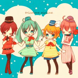 Rule 34 | 4girls, :3, ankle boots, asahi (pamuko), blonde hair, blue eyes, blue hair, blush, boots, chibi, closed eyes, cloud, cross-laced footwear, dress, elbow gloves, flats, gloves, hair ornament, hair over shoulder, hand on own cheek, hand on own face, hat, hatsune miku, headset, kagamine rin, knee boots, lace-up boots, long hair, megurine luka, meiko (vocaloid), multiple girls, neckerchief, open mouth, pantyhose, pink hair, ponytail, red eyes, red hair, shirt, short hair, short sleeves, side slit, sleeveless, sleeveless dress, smile, song name, star (symbol), star hair ornament, striped clothes, striped dress, striped shirt, twintails, vocaloid