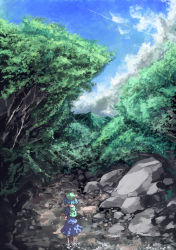 Rule 34 | 1girl, ayaya, backpack, bad id, bad pixiv id, bag, blue hair, cloud, day, female focus, forest, green hat, hair bobbles, hair ornament, hat, highres, kawashiro nitori, nature, outdoors, randoseru, scenery, short hair, sky, solo, touhou, twintails, two side up, wading, water
