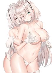 Rule 34 | 2girls, bare arms, bare shoulders, bikini, breasts, choker, cleavage, closed mouth, collarbone, cowboy shot, gloves, grabbing, grabbing from behind, green eyes, halterneck, headdress, heterochromia, highres, kanikou, large breasts, looking at viewer, multiple girls, navel, original, red eyes, short hair, side-tie bikini bottom, silver hair, simple background, single thighhigh, skindentation, standing, stomach, strap pull, string bikini, swimsuit, thighhighs, thighs, untied bikini, white background, white bikini, white gloves, white legwear