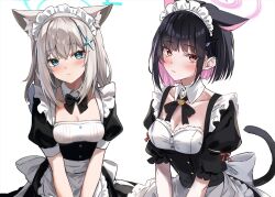 Rule 34 | 2girls, alternate costume, apron, black dress, black hair, blue archive, blue eyes, blue halo, blush, breasts, cat tail, cleavage, closed mouth, colored inner hair, cross hair ornament, dress, ear down, enmaided, extra ears, grey hair, hair ornament, hairclip, halo, highres, kazusa (blue archive), looking at viewer, maid, maid apron, maid headdress, marisasu (marisa0904), medium breasts, mismatched pupils, multicolored hair, multiple girls, pink hair, pink halo, puffy short sleeves, puffy sleeves, red eyes, shiroko (blue archive), short hair, short sleeves, simple background, slit pupils, tail, upper body, waist apron, white apron, white background