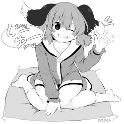 Rule 34 | 1girl, ;), ^^^, animal ears, artist name, blush, collarbone, commentary request, cushion, dog ears, dress, full body, greyscale, hair between eyes, holding, holding ears, kasodani kyouko, lolimate, long sleeves, looking at viewer, monochrome, no shoes, one eye closed, short hair, simple background, sitting, smile, socks, solo, speech bubble, thigh gap, touhou, wariza, white background, zabuton