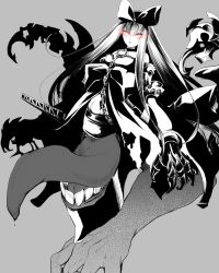 Rule 34 | 10s, 1girl, abyssal ship, bare shoulders, bow, breasts, chain, choker, claws, collarbone, female focus, glowing, glowing eyes, gothic lolita, greyscale, groin, hair between eyes, hair bow, kantai collection, large breasts, lolita fashion, long hair, monochrome, navel, orange eyes, seaplane tender princess, silver background, simple background, skk, solo, spot color, tongue