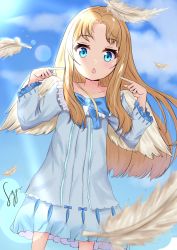Rule 34 | 1girl, :o, artist name, blonde hair, blue bow, blue bowtie, blue dress, blue eyes, blue sky, blurry, blurry foreground, bow, bowtie, child, cloud, collarbone, day, dress, feathered wings, feathers, filo (tate no yuusha no nariagari), frilled dress, frills, hands up, highres, lens flare, long hair, long sleeves, looking at viewer, open mouth, outdoors, parted bangs, pointing, pointing at self, signature, sky, solo, standing, syyn (syyndev), tate no yuusha no nariagari, very long hair, white wings, wings