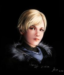Rule 34 | 1girl, absurdres, black background, blonde hair, dated, highres, kaneko xz, looking at viewer, parted lips, portrait, realistic, resident evil, resident evil 2, resident evil 6, sherry birkin, short hair, signature, simple background, solo