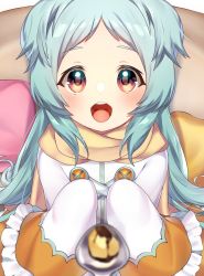 Rule 34 | 1girl, :d, absurdres, blue hair, blurry, blurry background, blush, brown eyes, brown scarf, commentary request, depth of field, dress, food, forehead, frilled sleeves, frills, highres, ken pyatsu, long hair, long sleeves, looking at viewer, miyako (princess connect!), open mouth, parted bangs, pillow, princess connect!, pudding, scarf, sleeves past fingers, sleeves past wrists, smile, solo, spoon, teeth, two side up, upper teeth only, very long hair, white dress