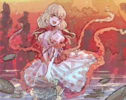 Rule 34 | 1girl, :d, blonde hair, commentary, commentary request, dress, ebisu eika, frilled dress, frills, motion blur, nga (ray ray), open mouth, red eyes, rock, smile, solo, touhou, wily beast and weakest creature