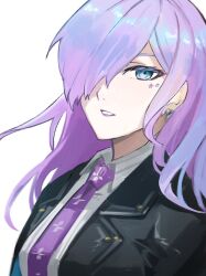 Rule 34 | 1girl, black jacket, blue eyes, blue hair, cerejeira elron, collared shirt, commentary request, earrings, fate/grand order, fate (series), gradient hair, hair over one eye, highres, jacket, jewelry, lipstick, looking at viewer, makeup, multicolored hair, necktie, omame korokor, portrait, purple hair, purple lips, purple necktie, shirt, solo, star (symbol), white shirt