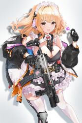 Rule 34 | 1girl, apron, assault rifle, bare shoulders, black dress, black gloves, black jacket, blonde hair, blush, breasts, cleavage, dress, fatkewell, frilled apron, frills, gloves, gun, headphones, highres, holding, holding gun, holding weapon, jacket, large breasts, long hair, looking at viewer, maid, maid apron, maid headdress, off shoulder, open clothes, open jacket, open mouth, original, rifle, simple background, smile, solo, thighhighs, waist apron, weapon, white apron, white thighhighs, yellow eyes