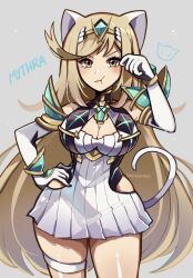 Rule 34 | animal ears, blonde hair, breasts, cat ears, cat tail, character name, cleavage cutout, clothing cutout, hand on own hip, highres, large breasts, long hair, mythra (xenoblade), paw pose, simple background, tail, thigh strap, touyarokii, xenoblade chronicles (series), xenoblade chronicles 2, yellow eyes