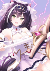 Rule 34 | 1girl, :d, animal ear fluff, animal ears, bare shoulders, black hair, black hairband, blurry, blurry foreground, breasts, cat ears, cat girl, cleavage, commentary request, depth of field, detached sleeves, fang, garter straps, green eyes, hair between eyes, hairband, holding, holding staff, kanora, karyl (princess) (princess connect!), karyl (princess connect!), long hair, long sleeves, looking at viewer, multicolored hair, navel, open mouth, pleated skirt, princess connect!, purple skirt, skirt, sleeves past wrists, small breasts, smile, solo, staff, streaked hair, v-shaped eyebrows, white hair, white sleeves